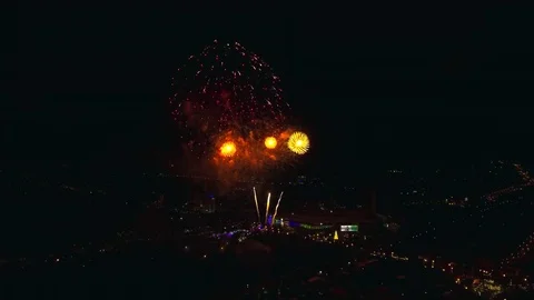 Aerial shot : firework celebration over city downtown Stock Footage 84731344