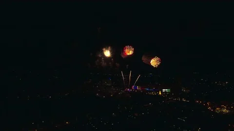 Aerial shot : firework celebration over city downtown Video stock 84860145