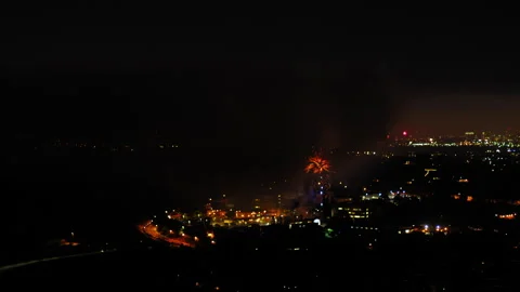 Aerial Shot Of Fireworks Exploding On Neighborhood In City, Drone Flying Stock Footage 243884573