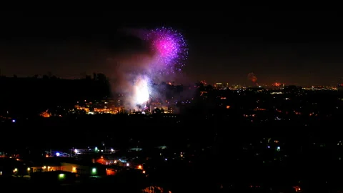 Aerial Shot Of Fireworks Exploding Over Neighborhood At Night, Drone Flying Stock Footage 243879983