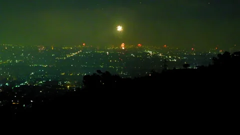 Aerial Shot Of Fireworks Exploding Over Illuminated City Landscape Against Sky Stock Footage 255411828