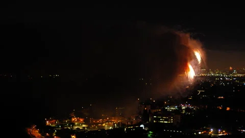 Aerial Shot Of Fireworks Exploding On Suburb In City At Night, Drone Flying Video stock 244015686