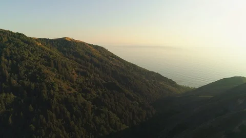 Aerial shot flies forward over forested hills by the ocean. Dazzling sunlight. 库存影片 87635589