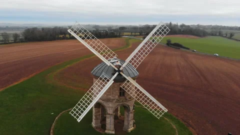 Aerial Shot Flies Over 17th Century Windmill Stock Footage