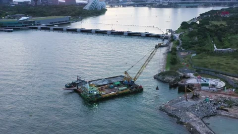 Aerial shot of floating construction crane, Singapore Stock Footage 138115033