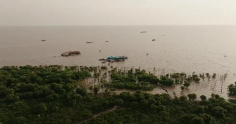 Aerial shot of floating platforms and boats near the mangrove shoreline on Stock Footage 323157959
