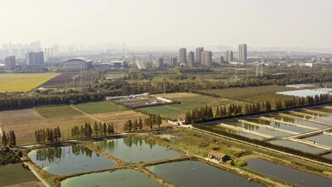 Aerial shot flying across fields and ponds towards small skyscraper city day Stock Footage 119462182