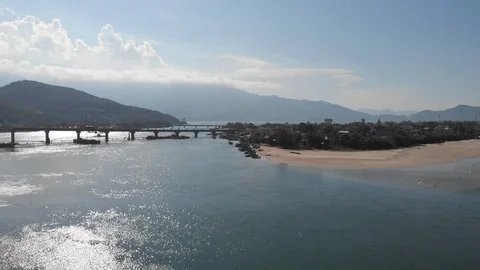 Aerial Shot: flying at the end of Hai Van Pass, Ocean, Island and mountains Stock Footage 101728258