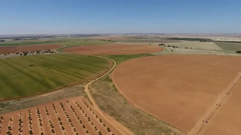 Aerial shot flying high over irrigation circles with wheat, corn and potatoes Stock Footage 220116036