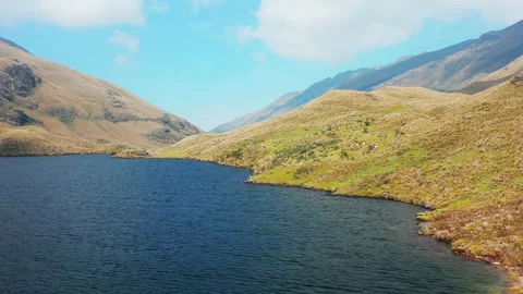 Aerial shot flying over pristine high-altitude Andes mountain lakes &amp; peaks Video stock 174829633