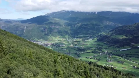 Aerial shot flying through trees revealing Vikøyri in Vik i Sogn, Norway. Stock Footage 234511768