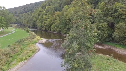 Aerial Shot Of Forest Side River Reveal Shot Across Trees In Early Autumn Stock Footage 118422958