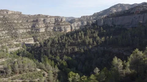 Aerial shot of forests surrounded by climbable cliffs, Margalef, Spain Stock Footage 289294691