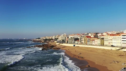 Aerial shot of Foz do Douro Beach in Porto, Portugal Stock Footage 125714726
