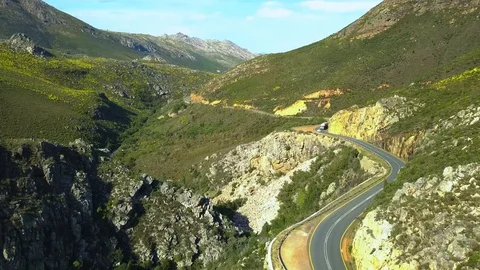 Aerial shot of the Franschhoek Pass Twisty Road Stock Footage