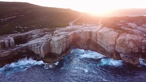Aerial shot of The Gap at Sunrise - Albany, Western Australia Stock Footage