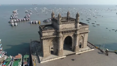 Aerial shot of the Gateway of India in Mumbai during Covid-19 Lockdown in India Stock Footage