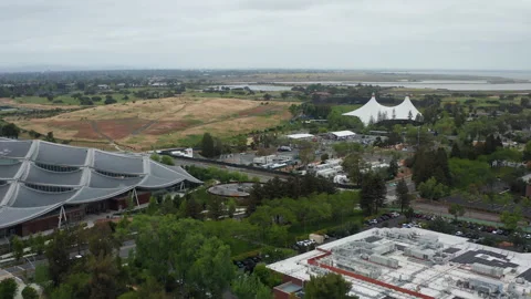 Aerial shot of Googleplex Google buildings in Mountain View, California Stock Footage 308204426