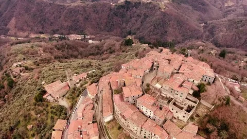 Aerial shot, gorgeous small perched town, in middle of the nature Stock Footage 71948823