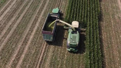 Aerial shot of harvester loading off corn Stock Footage 137179216