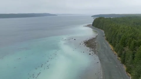 Aerial shot of Herring spawn milt on a beach on the west coast of British Stock Footage 344088951