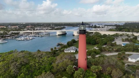 Aerial Shot of Historic Jupiter Lighthouse and Waterways, Florida Stock Footage 332172011