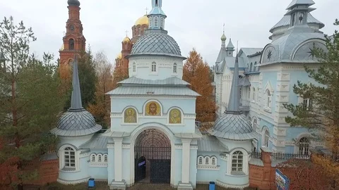 Aerial shot of Holy Trinity Convent of Mercy. Saraktash. Russia. Stock Footage 69895778