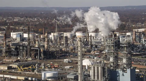 Aerial shot of industrial district with smokestacks. Shot in 2011. Stock Footage 59182618