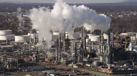 Aerial shot of industrial district with smoking stacks in New Jersey. Stock Footage 59182700