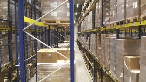 Aerial Shot Of Inside Distribution Warehouse, International Parcel Stock Footage 151650628