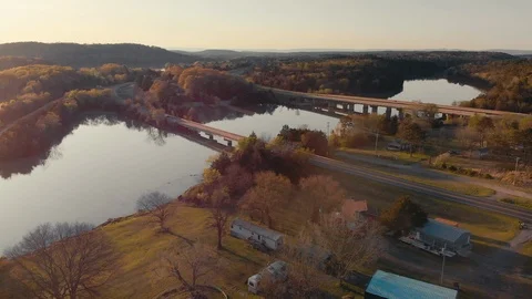 Aerial Shot of Interstate 40 over Arkansas River at Sunset Stock Footage