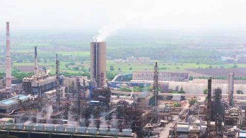 Aerial shot Iron processing unit pumps toxic in air Stock Footage 312034728