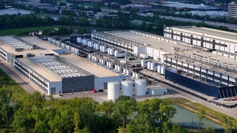 Aerial shot of a large data center facility with cooling systems in Ohio Video stock 345670656