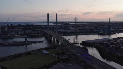 Aerial Shot Of Last Light on Bolte Bridge in Melbourne as Traffic Flows Over Stock Footage 194471853