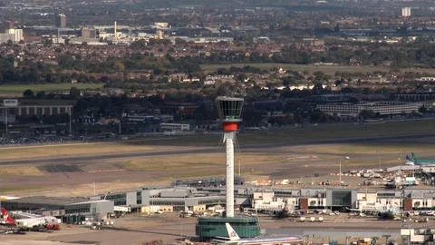 Aerial shot, Level View Traffic Control, Terminal Five, Heathrow Stock Footage 107093801