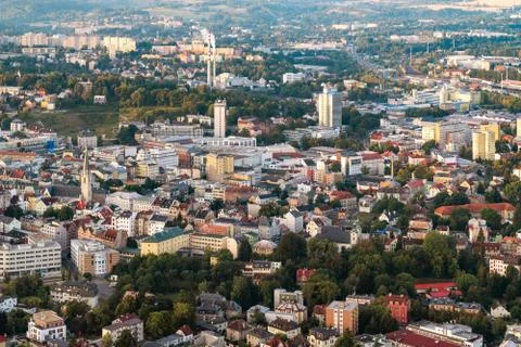 Aerial shot of Liberec city from hotair balloon Stock Photos