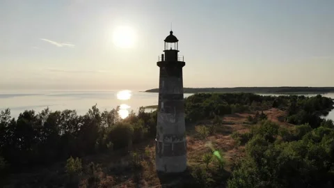 Aerial shot, lighthouse at deserted small island of Ladoga Lake Video stock 169696853