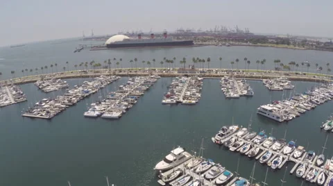 Aerial Shot of Long Beach Fly In to Queen Mary Stock Footage 49702126