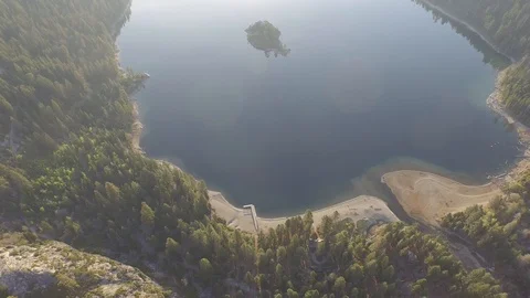Aerial shot, looking 45degrees down to Emerald Bay and Tea House Island 001502 Stock Footage 90642842