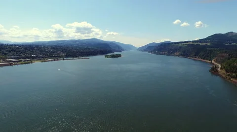 Aerial shot looking down the barrel of the Columbia River Gorge. Stock Footage 68767491