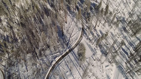 Aerial shot looking down flying over a winter forest with road winding below. 库存影片 103130600