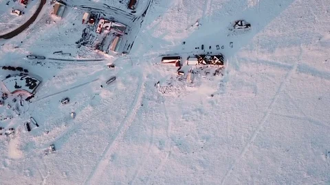 Aerial Shot Looking Down At Ghost Town In The Snow Stock Footage 102068587
