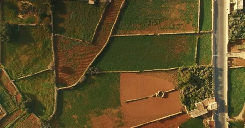 Aerial Shot Looking down over Green Fields Stock Footage 61258957
