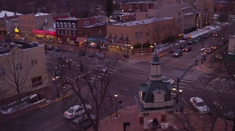Aerial shot of main street midwest during Christmas season at sunset with drone  Stock Footage 59169589