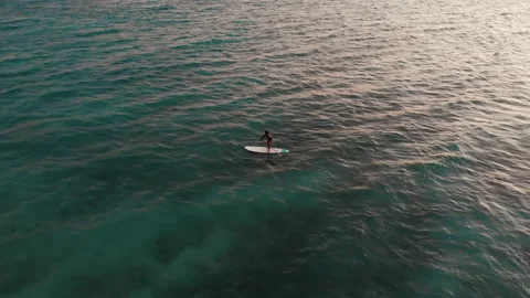 Aerial shot of man practicing paddle board at sunset on stunning place Stock Footage 169419184