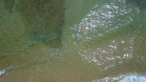 Aerial shot of a man taking a dive into the sea Vidéo 249850510
