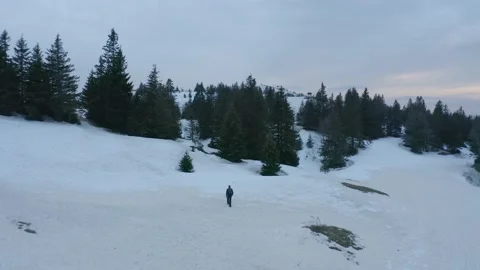 Aerial shot of a man walking alone in the snowy forest, in Switzerland Stock Footage 196889305