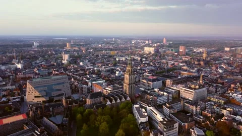 Aerial Shot Martinitoren Church Tower and Forum in Groningen Stock Footage