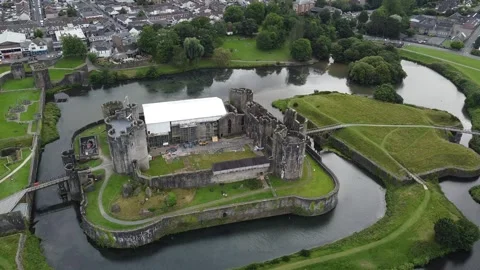 Aerial shot of medieval castle Caerphilly in Wales, august 2024. Stock Footage 299989945