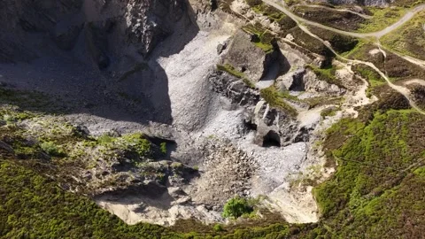 Aerial Shot of Moel-y-faen disused quarry near Horseshoe Pass, Wales, UK Stock Footage 345335890